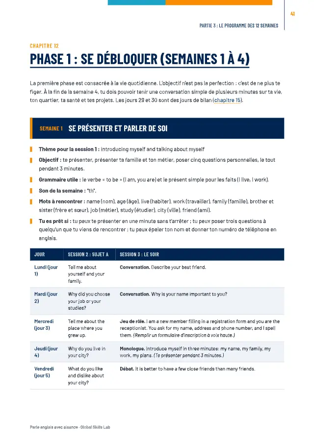 Page du guide : le tableau de la semaine 1
