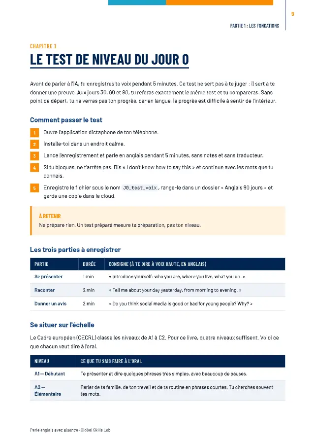 Page du guide : le test de niveau du jour 0
